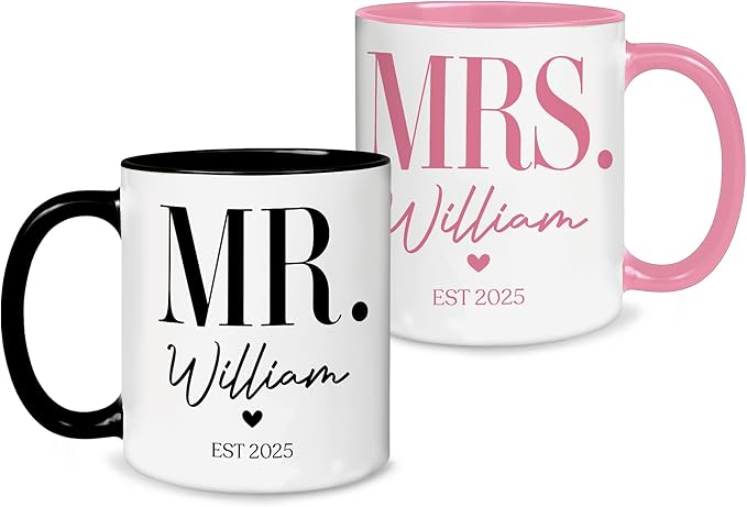 Personalized Mr and Mrs Coffee Mug Set – Custom Name & Established Year Design – Wedding Gift for Couple, Engagement Celebration, Anniversary Keepsake, Valentine’s Day Coffee Cups