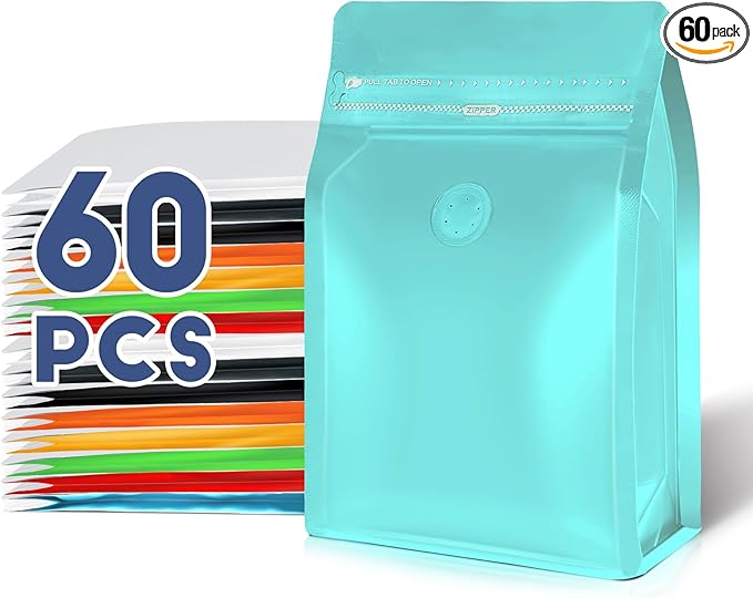 Coffee Bags with Valve(60pcs,8 oz,1/2 lb) Vented Coffee Beans Packaging Bags High Barrier Aluminumed Foil Flat Bottom Heat Sealed Side Zipper Resealable Storage Bag for Home or Business （Blue）