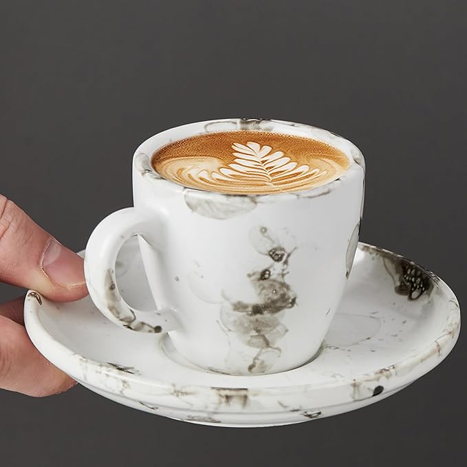 SIDUCAL Espresso Cups Set of 6,2 Ounce Ceramic Coffee Cups with Saucers,Porcelain Double Espresso Shot Cup Set,Gift Box for Boyfriend Gift(White)