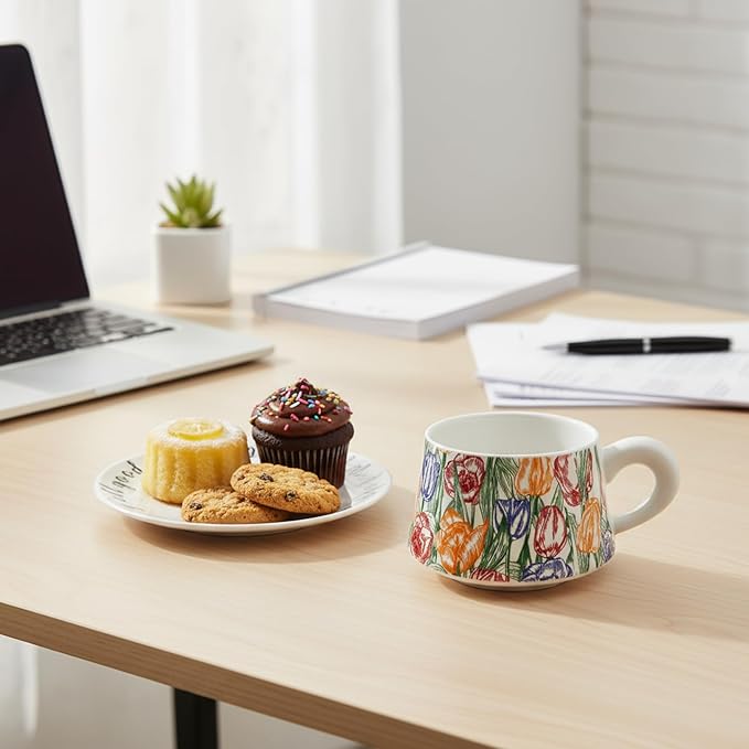 Colorful Tulip Ceramic Coffee Cup and Saucer Set, Floral Printed Tea Cup with Gift Box for Home, Café, Office, Thanksgiving Gift for Women