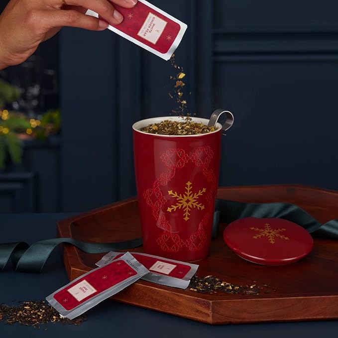 Tea Forte Double-Walled Ceramic Kati Cup, Removable Stainless Steel Infuser Basket and Lid, Steeps 12 oz Loose Leaf Tea, Dishwasher & Microwave Safe, Warming Joy