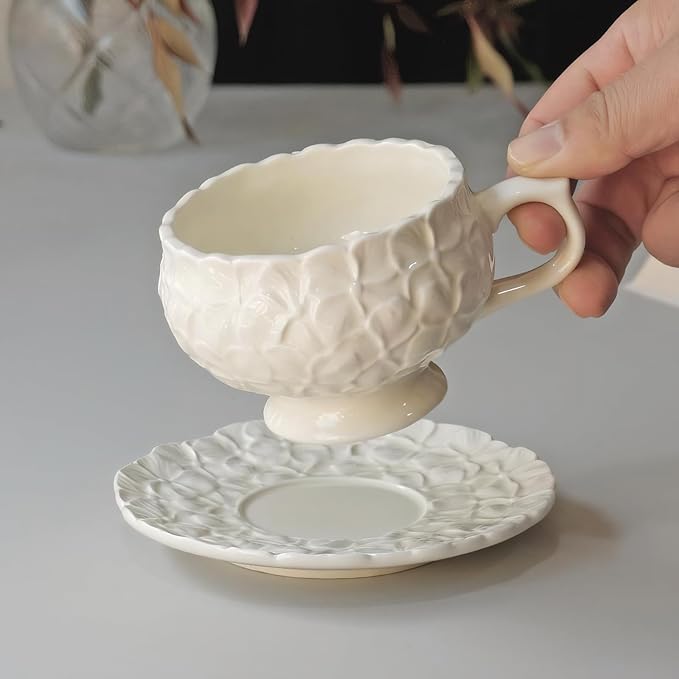 KAMMAK Tea Cups and Saucers Set of 2, Porcelain Coffee Cups, 8.5-Ounce Stackable Espresso Mugs, Ceramic Demitasse for Coffee, Latte, Americano, Tea, White Flower