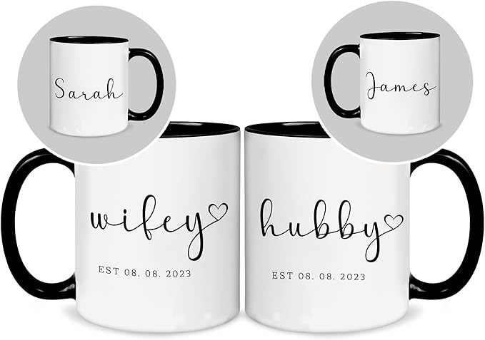 Personalized Mr and Mrs Coffee Mug Set – Custom Wedding Gift for Couple with Names & EST Date, Engagement & Anniversary Cups, Valentine’s Day Present for Wife & Husband