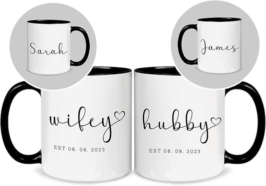 Personalized Mr and Mrs Coffee Mug Set – Custom Wedding Gift for Couple with Names & EST Date, Engagement & Anniversary Cups, Valentine’s Day Present for Wife & Husband