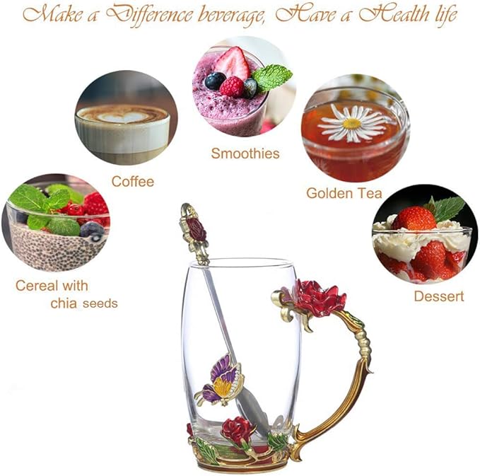 Handicraft Crystal Glass 3D Flower Cups Tea Mug With Tea Spoon Women Coffee, Tea, Juice, Beer, Milk Hot And Cold Drinks Use Gift Package. (Red Rose-Tal)