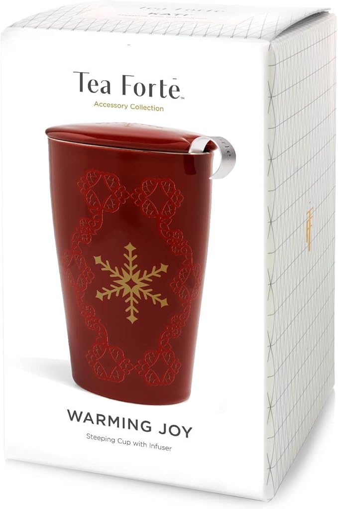 Tea Forte Double-Walled Ceramic Kati Cup, Removable Stainless Steel Infuser Basket and Lid, Steeps 12 oz Loose Leaf Tea, Dishwasher & Microwave Safe, Warming Joy