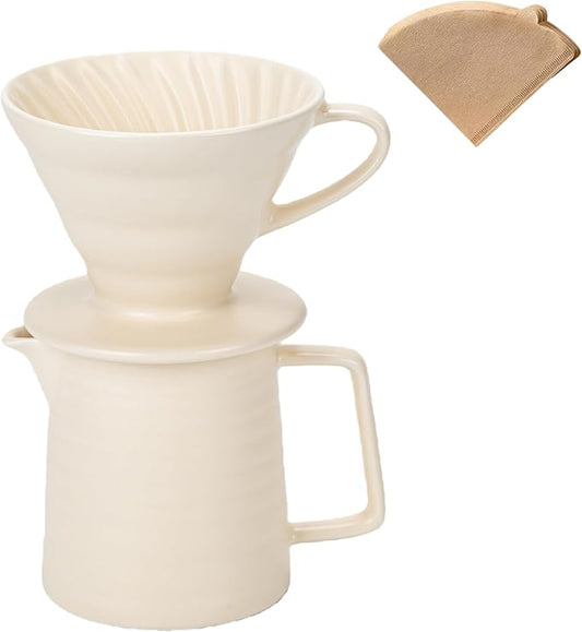 Pour Over Coffee Maker, Ceramic Coffee Maker With 40 pcs Paper Filter,15oz/450ml Pour Over Coffee Dripper (White, V02)