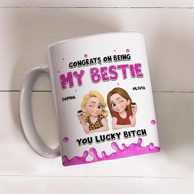 Wrappiness Personalized Mug For Bestie - Custom Congrats On Being My Bestie Coffee Mug, Customizable Ceramic Cup for Best Friends, Gift for Celebrations, 11oz & 15oz, Dishwasher & Microwave Safe
