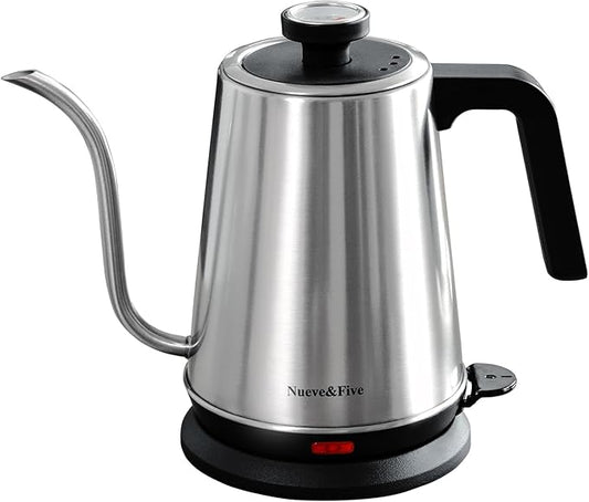Nueve&Five Gooseneck Electric Kettle with Thermometer,Electric Tea Kettle 1L with Auto Shut-Off，1000W Hot Water Kettle of Stainless Steel,Pour Over Kettle for Coffee & Tea -Chrome