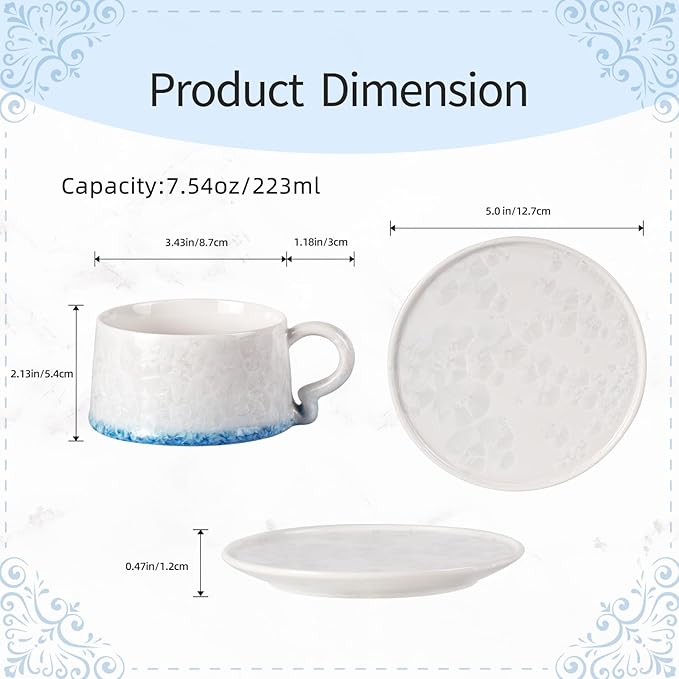 KAMMAK Tea Cups and Saucers set of 2, Porcelain Coffee Cups, 7.5oz Crystalline Glaze Espresso Mugs, Ceramic Demitasse for Coffee, Cappuccino, Latte, Americano, Tea (Dark Blue and White Blue)