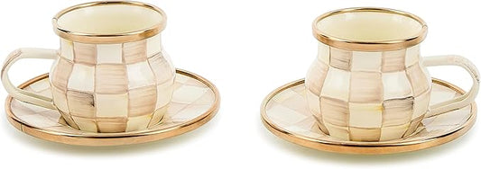 MACKENZIE-CHILDS Espresso Cup and Saucer Set, Cute Small Coffee Cups and Saucers, Set of 2, Brown-and-White Mocha Check
