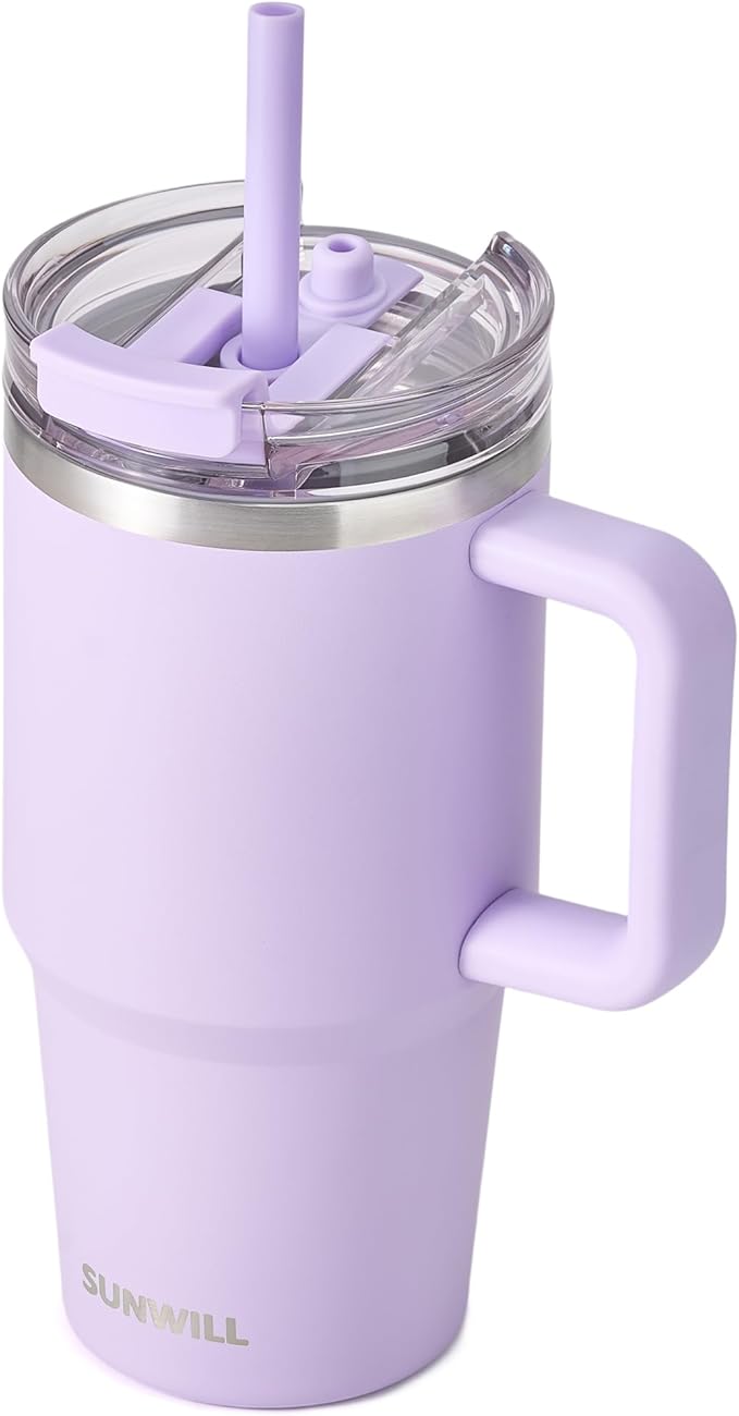SUNWILL Travel Coffee Mug with Lid, 20 oz Tumbler with Handle and Straw Leak Proof, Stainless Steel Cup Insulated for Office & Gym, Cupholder Friendly, Powder Coated Orchid