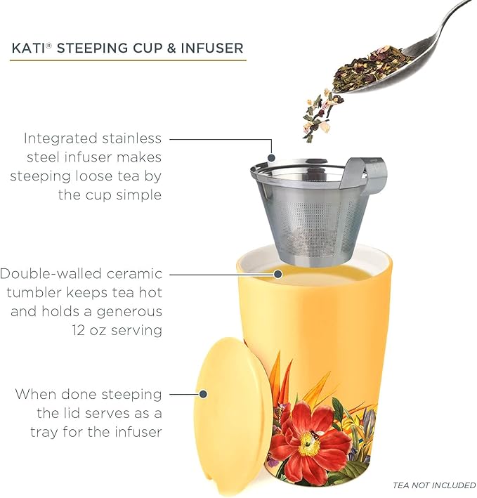 Tea Forte Double-Walled Ceramic Kati Cup, Removable Stainless Steel Infuser Basket and Lid, Steeps 12 oz Loose Leaf Tea, Dishwasher & Microwave Safe, Paradis