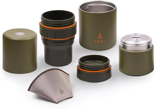 VSSL - Nest Pour Over Coffee Kit | Coffee Maker for Camping | All-In-One Travel Pour Over | Transportable Dripper, Two 10oz Stainless Steel Travel Mugs | Compact Storage & Adventure Ready | Deep Moss