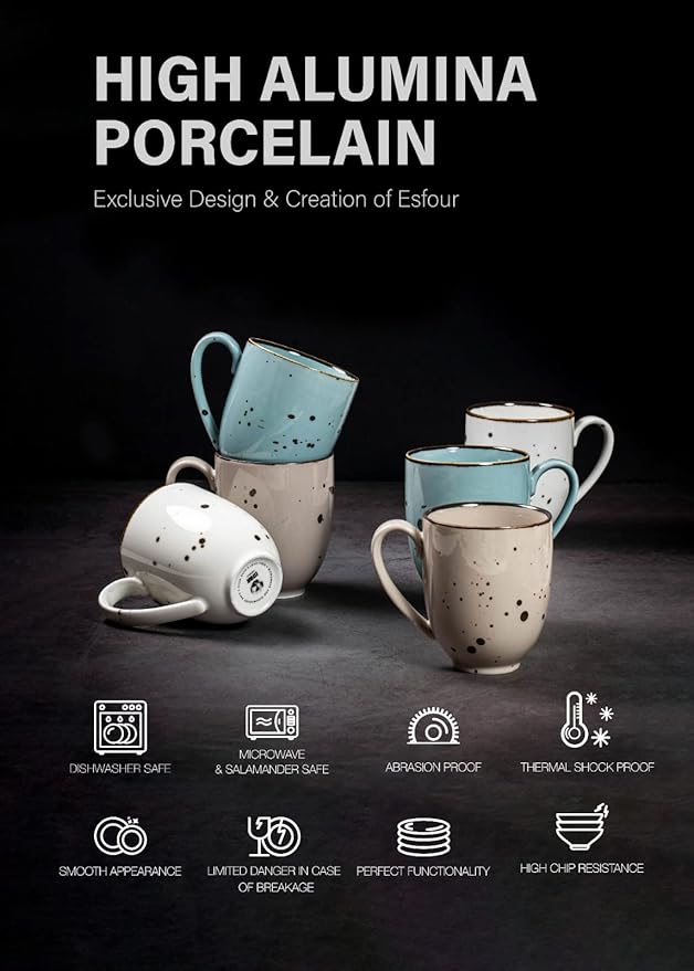 Esfour Ceramic Coffee Mugs Set Of 6, 14 Oz Large Handle Heavy Duty Cups - Microwave Dishwasher Safe - Latte, Cappuccino, Tea, Cocoa, Mocha - Men, Women, Home Office Daily Use, Natural Assorted Colors