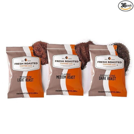Fresh Roasted Coffee, FRC Light, Medium, & Dark Roast Blends, Kosher, Pre-Ground Fractional Packs, 2.25 Ounce, 36 Count