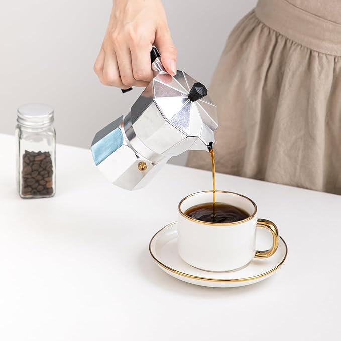 Tea Cups and Saucers with Gold Trim, 6.76 Ounce White Porcelain Tea Set & Coffee Cups for Latte, Cafe Mocha, Tea-Set of 4,Porcelain Mugs for Kitchen or Cafe(white and gold)