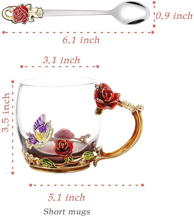 Handicraft Crystal Glass 3D Flower Cups Tea Mug With Tea Spoon Women Coffee, Tea, Juice, Beer, Milk Hot And Cold Drinks Use Gift Package. (Rose Red Coffee Cup, 11 OZ)