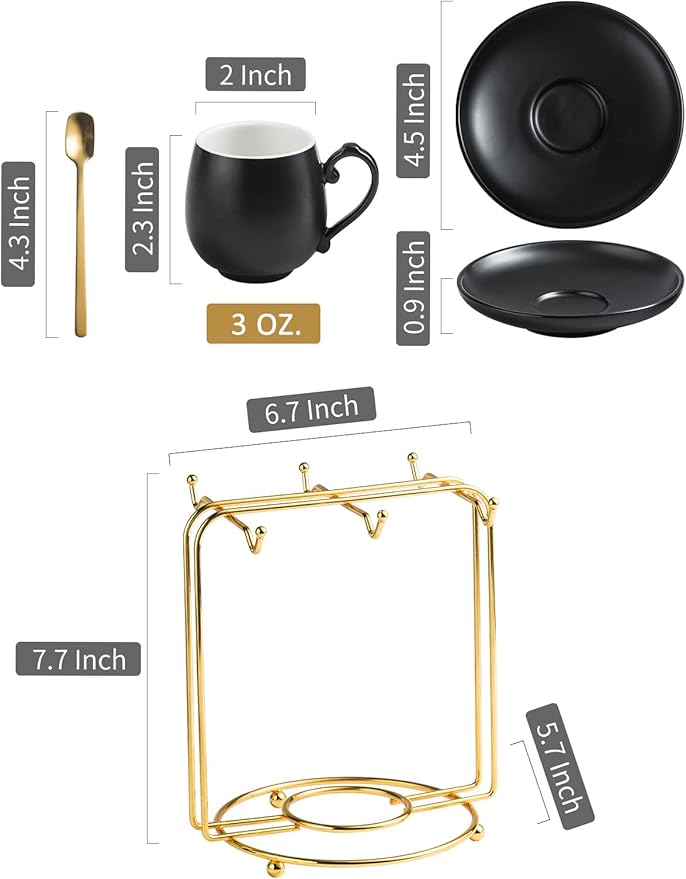 LYEOBOH Espresso Cups and Saucers Set, Ceramic Coffee Cup 3 Ounces Small Demitasse Cups Espresso Mugs with Spoons & Metal Stand for Cappuccino, Latte, Tea, Set of 6, Black