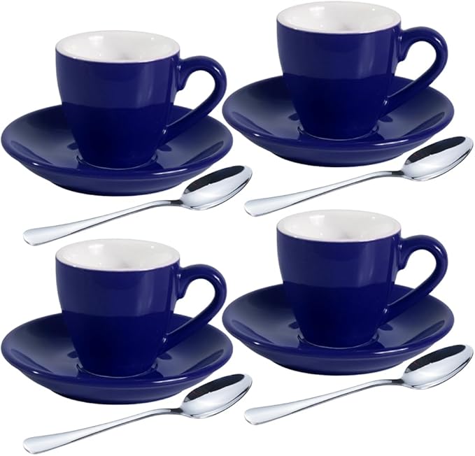 homEdge Porcelain Espresso Shot Cup Set with Saucers and Stainless Steel Spoons - 80 ml / 2.67 oz, Set of 4, Navy