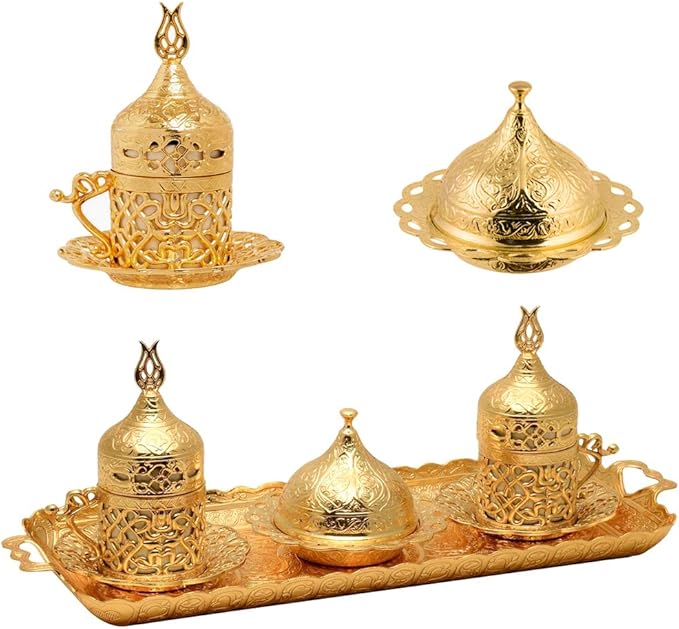 Alisveristime Turkish Coffee Set for Two - Authentic Ottoman Style Cups, Saucers, and Serving Tray with Lale Motifs (Acur) (Gold)