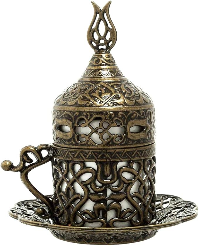 Alisveristime Turkish Coffee Set for Two - Authentic Ottoman Style Cups, Saucers, and Serving Tray with Lale Motifs (Acur) (Autentic Green)