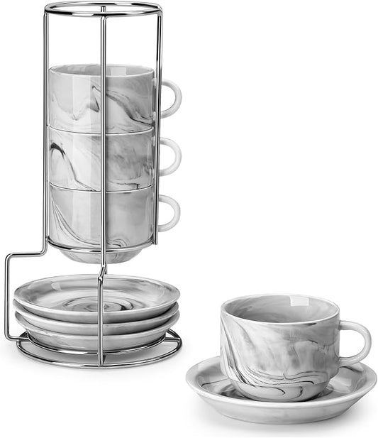 MALACASA 2.5 OZ Porcelain Espresso Cups with Saucers and Metal Stand Set of 4, Stackable Cappuccino Cups, Marble Gray Expresso Shots Cup Set for Coffee Drinks, Latte, Tea