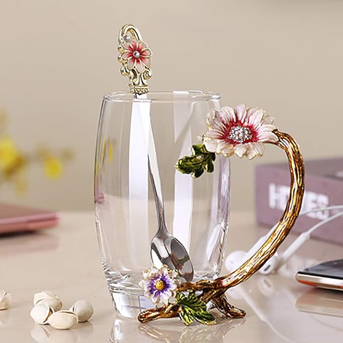 Handicraft Crystal Glass 3D Flower Cups Tea Mug With Tea Spoon Women Coffee, Tea, Juice, Beer, Milk Hot And Cold Drinks Use Gift Package. (Chrysanthemum, 12 OZ)