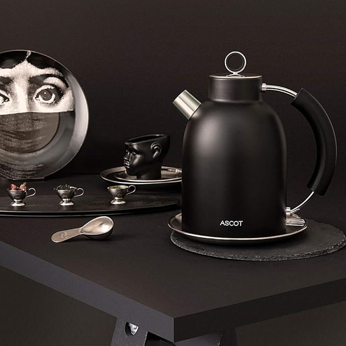 ASCOT Electric Kettle, Electric Tea Kettle Hot Water Kettle Stainless Steel Kettle 1.6L 1500W Retro Tea Heater & Boiling Water, Auto Shut-Off and Boil-Dry Protection (Black)