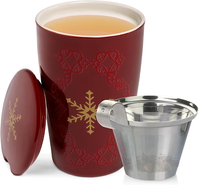 Tea Forte Double-Walled Ceramic Kati Cup, Removable Stainless Steel Infuser Basket and Lid, Steeps 12 oz Loose Leaf Tea, Dishwasher & Microwave Safe, Warming Joy