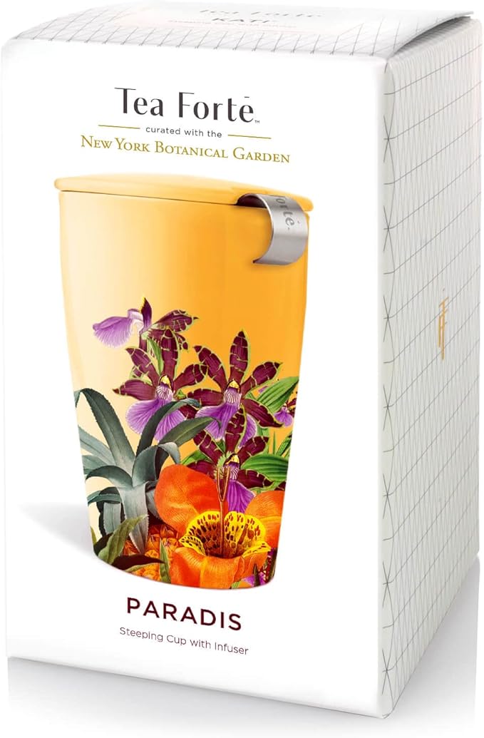 Tea Forte Double-Walled Ceramic Kati Cup, Removable Stainless Steel Infuser Basket and Lid, Steeps 12 oz Loose Leaf Tea, Dishwasher & Microwave Safe, Paradis