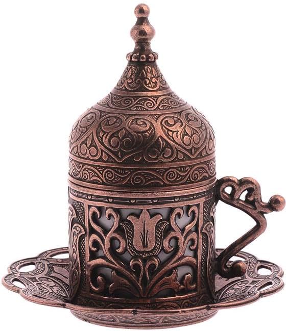 Alisveristime 6-Piece Set Turkish Espresso Coffee Cups with Saucer, Lid, Traditional Ottoman Tulip Motif (Multiple Color Variations) (Lale) (Copper)