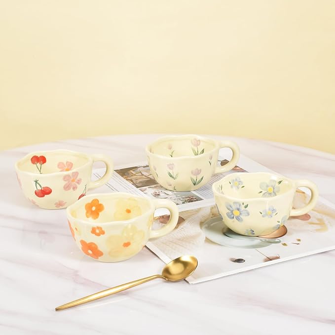 Koythin 4-Piece Ceramic Coffee Mugs, Creative Flower Mug for Office and Home, 8.5 oz/250 ml for Latte Tea Milk (Blue Flower, Orange Flower, Pink Cherry, Purple Tulip)