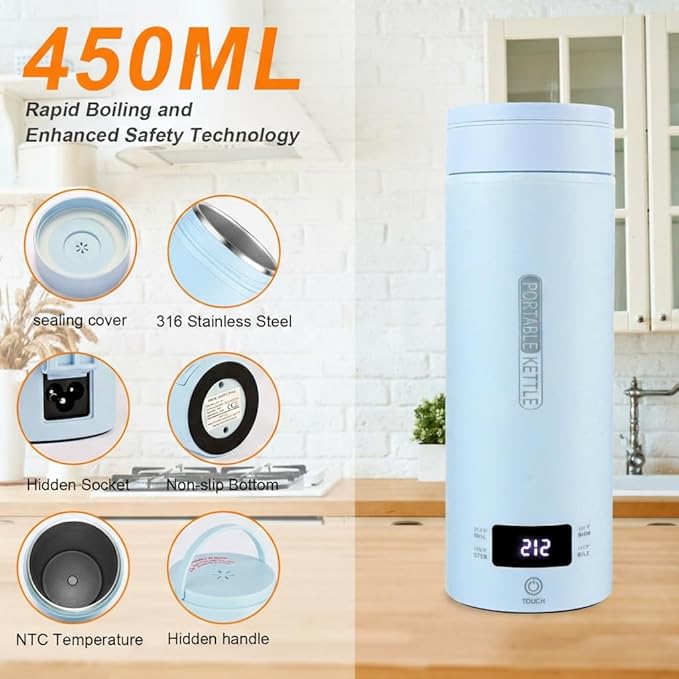 Travel Kettle,Portable Electric Kettle with Temperature Control, Brews Two Cups of Coffee, 316 Stainless Steel Inner Tank, Elegant Blue