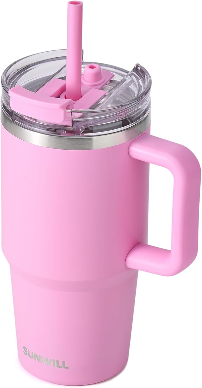 SUNWILL Travel Coffee Mug with Lid, 20 oz Tumbler with Handle and Straw Leak Proof, Stainless Steel Cup Insulated for Office & Gym, Cupholder Friendly, Powder Coated Pink