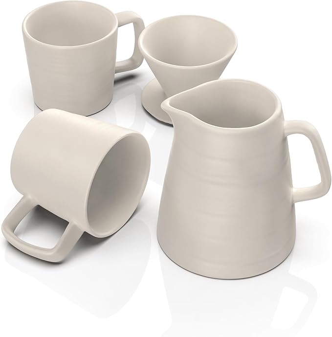 Francois et Mimi Pour Over Drip Coffee Maker Gift Set with Two Coffee Mugs, Non-Electric Pour Over Coffee Dripper, Easy Manual Brew Maker, Dishwasher and Microwave Safe, Filters not included (Ivory)