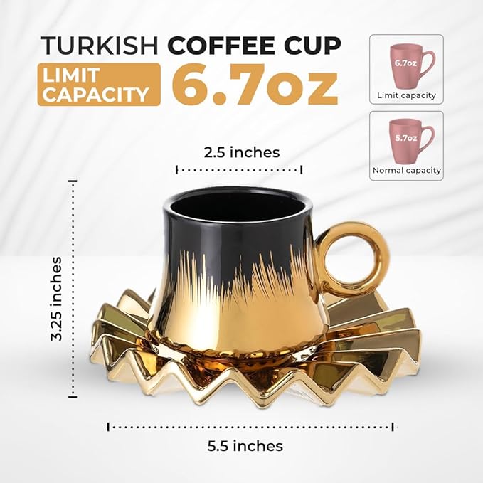 Turkish Coffee Cup Set of 6 with Saucers & Tray - Luxury Arabic Greek Japanese Marble Ceramic Tea Cups for Espresso Cappuccino Latte Mocha, Ideal Gift - 6.7oz, Black Gold