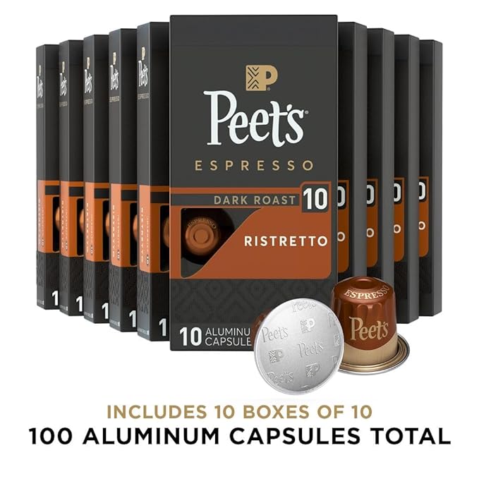 Peet's Coffee, Dark Roast Espresso Capsules, Compatible with Nespresso Original Machine - Ristretto Intensity 10, 100 Count (10 Boxes of 10 Espresso Capsules)