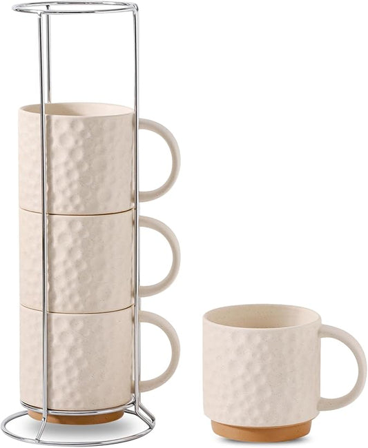 Nihow Ceramic Coffee Mug Set of 4, 16OZ Stackable Coffee Mug Set with Stainless Stand,Large Cup Set for Cappuccino,Tea,Hot/Cold Drinks,Dishwasher & Microwave Safe,Matte White