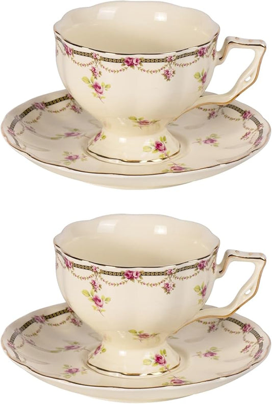 KAMMAK Tea Cups and Saucers Set of 2, Porcelain, 7.8-Ounce | Stackable Espresso Mugs | Imperial Court Collection | Ceramic Demitasse | For Coffee, Latte, Americano, Tea