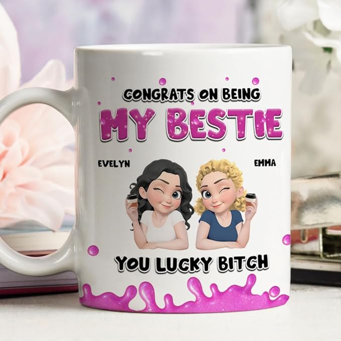 Wrappiness Personalized Mug For Bestie - Custom Congrats On Being My Bestie Coffee Mug, Customizable Ceramic Cup for Best Friends, Gift for Celebrations, 11oz & 15oz, Dishwasher & Microwave Safe