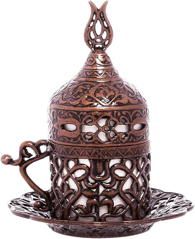 Alisveristime Turkish Coffee Set for Two - Authentic Ottoman Style Cups, Saucers, and Serving Tray with Lale Motifs (Acur) (Copper)