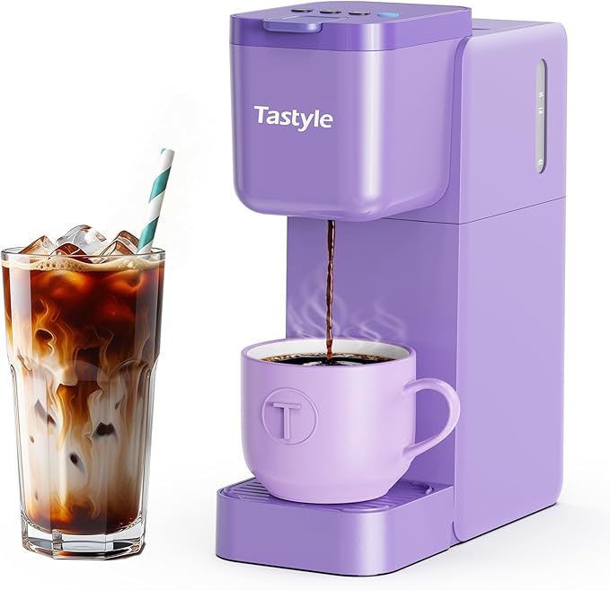 Single Serve Coffee Maker Hot and Iced with Bold Brew, Small Coffee Machine for K Cup and Ground, Fits 7.3'' Travel Mug, Brews up to 16 Oz, 5 Cup Sizes, Compact for Office, RV& Hotel, Purple