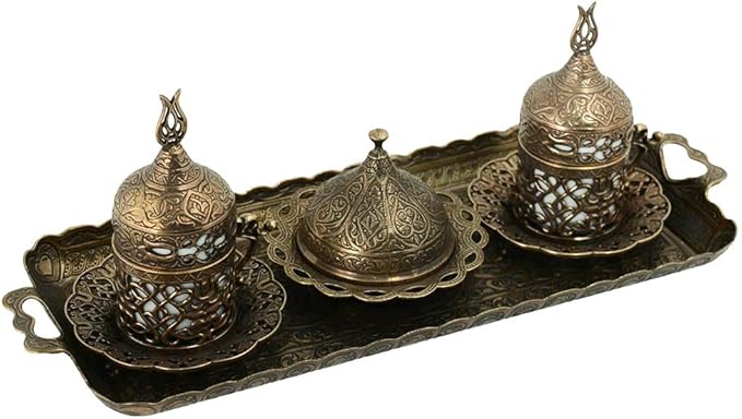 Alisveristime Turkish Coffee Set for Two - Authentic Ottoman Style Cups, Saucers, and Serving Tray with Lale Motifs (Acur) (Autentic Green)