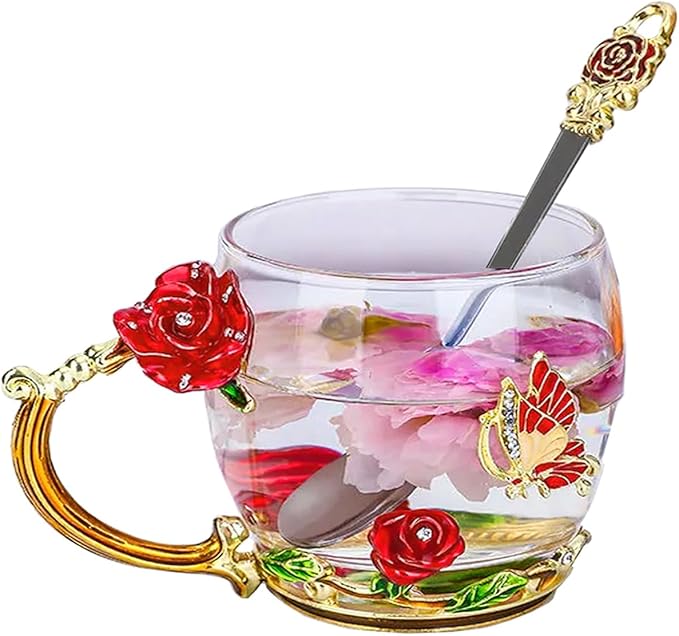 Glass Tea Cup，Birthday present for a mother a birthday present for RoseCoffee Mugs for Mother's Day (Rose Red A)