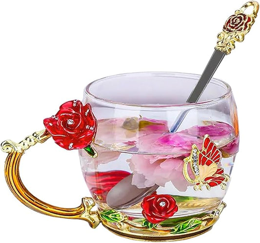 Glass Tea Cup，Birthday present for a mother a birthday present for RoseCoffee Mugs for Mother's Day (Rose Red A)