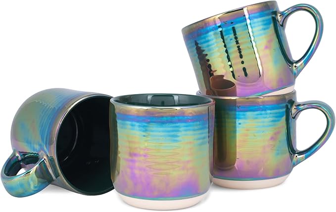 Elanze Designs Glossy Reactive Glaze Large 17 Fluid Ounce Everyday Kitchen Food Grade Ceramic Stoneware Coffee Mug Cup with Comfort Curved Handles, Set of 4, Emerald Green