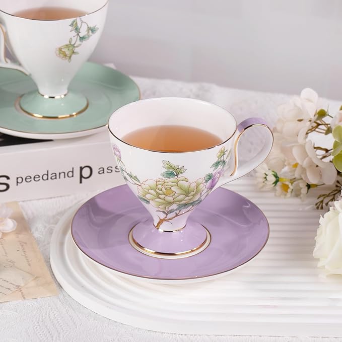 KAMMAK Ceramic Coffee Cups Saucers Set of 2, Porcelain Espresso Cups with Saucers, 8.12 oz Handcrafted Elegant Bone China Tea Cups, Purple Purple & Mint Green Flower Teacup for Party, Office, Gift
