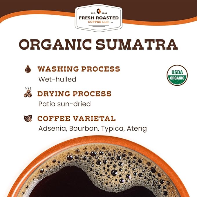 Fresh Roasted Coffee, Organic Sumatra | 100% Single Origin, USDA Organic, Kosher | Medium Roast 12 oz Whole Bean