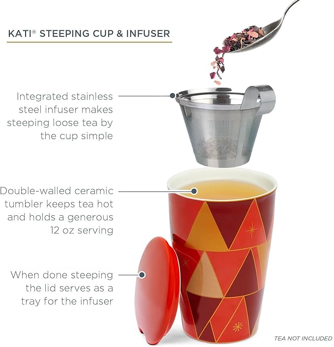 Tea Forte Double-Walled Ceramic Kati Cup, Removable Stainless Steel Infuser Basket and Lid, Steeps 12 oz Loose Leaf Tea, Dishwasher & Microwave Safe, Warming Joy
